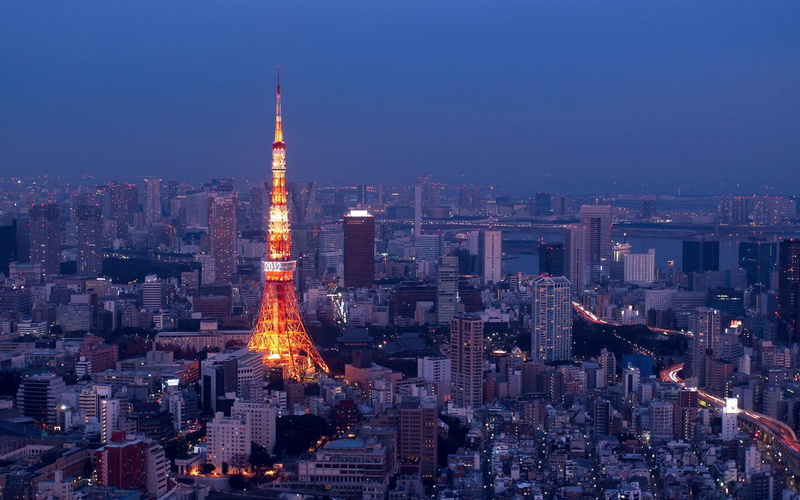 architecture, Japan, modern, long exposure, skyscraper, tower, built structure, outdoors, sky, spire, residential district, office, night, building, office building exterior