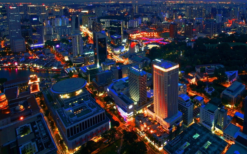urban Scene, twilight, city, buildings, street, singapore, crowded, financial district, 2K, tall - high, japan, office building exterior, outdoors, high angle view