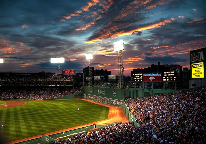 built structure, cloud - sky, night, sport, grass, orange color, nature, fenway, clouds, winning, building exterior, sunset, people, leisure Games, baseball