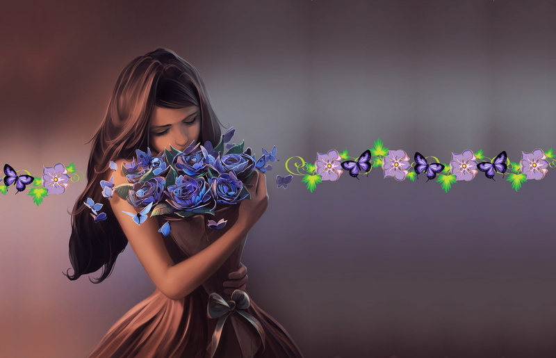 bouquet, Cyril Rolando, butterfly, girl, Ephemeral Beauty, art, mood, 1080P