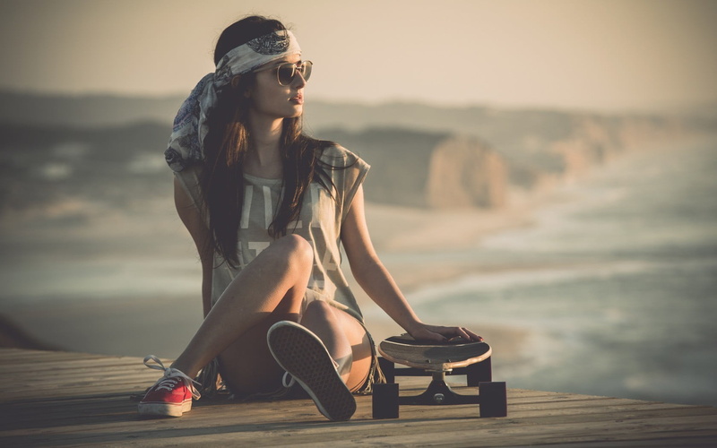 fashion, skating, beauty in nature, skateboard, beautiful woman, nature, red shoes, young women, sunglasses, shoe, one person, women, lifestyles, young adult