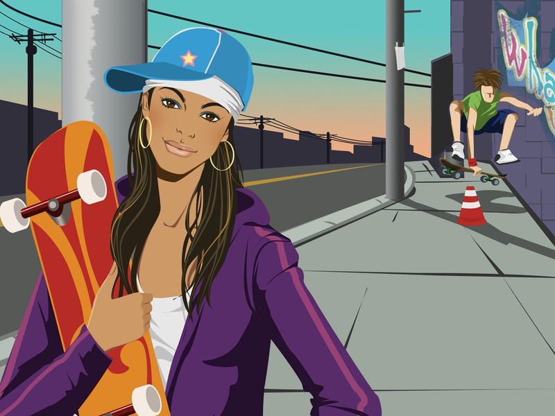 muscular Build, females, human representation, vector, people, lifestyles, clothing, sports Training, casual clothing, skate, beautiful, boy, smiling, women