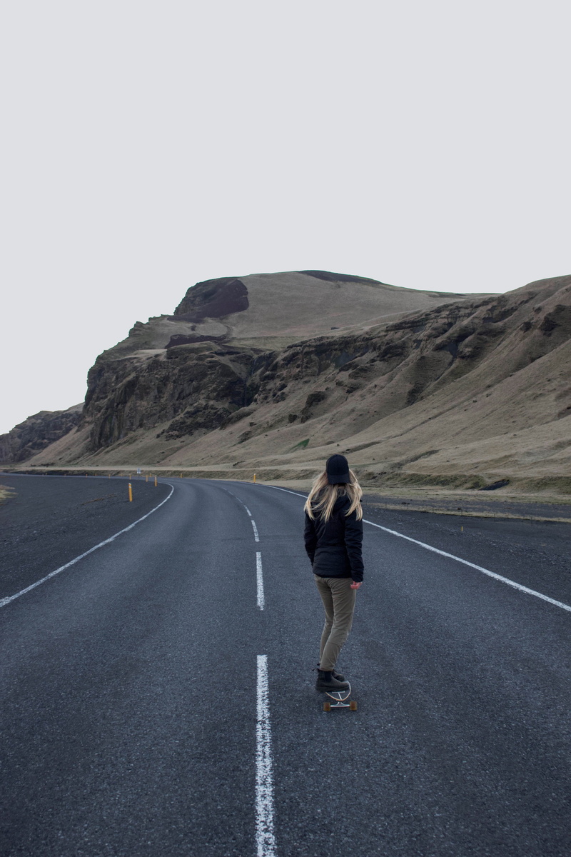 jacket, 5K, gray, mountain, sky, skater, person, sign, one person, full length, female, day, girl, clear sky, woman, lifestyles, lady, longboarding, road