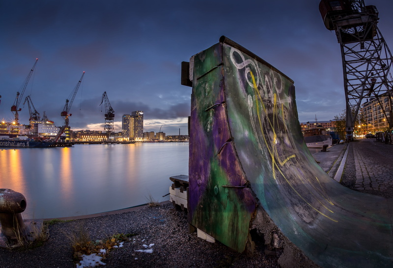 skateboard, no people, crane - construction machinery, water, reflection, city, cloud - sky, calm, ramp, skatepark, near, 4K, river, body, urban, nautical vessel