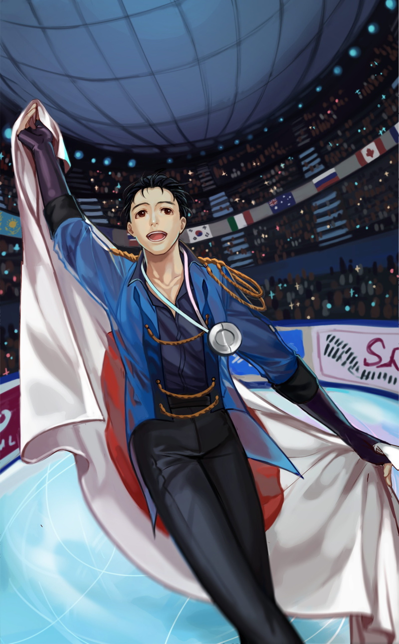 front view, stadium, young adult, portrait, achievement, skating, clothing, competition, happiness, Anime, adult, 4K, katsuki yuuri, spectator, waist up