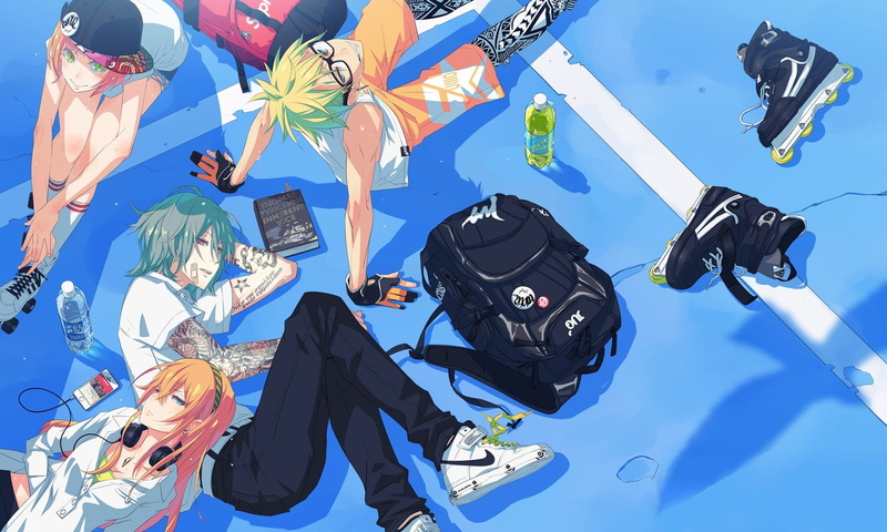 headphones, skates, girls, anime girls, 720P, character, wall, boys, anime, anime boys, glasses, paper