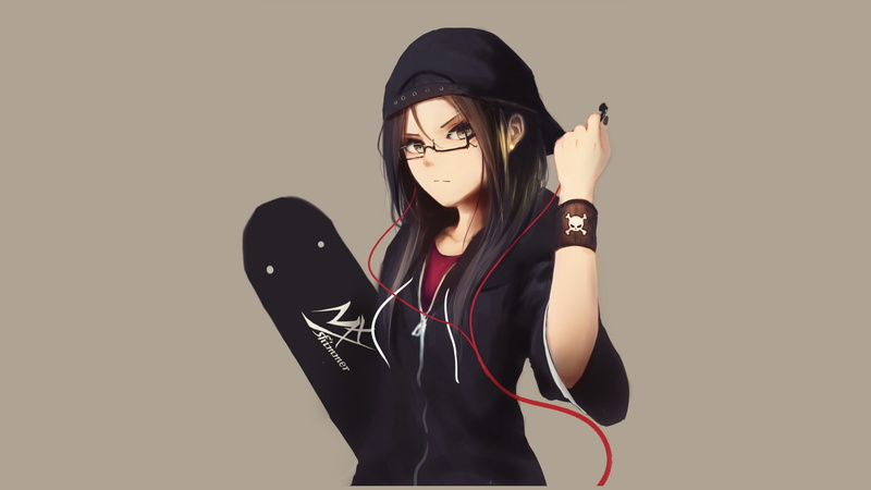 Original (Anime), Girl, Original, Anime, Brown Eyes, Skateboard, Black Hair, Cap, 1080P, Glasses, Earbuds
