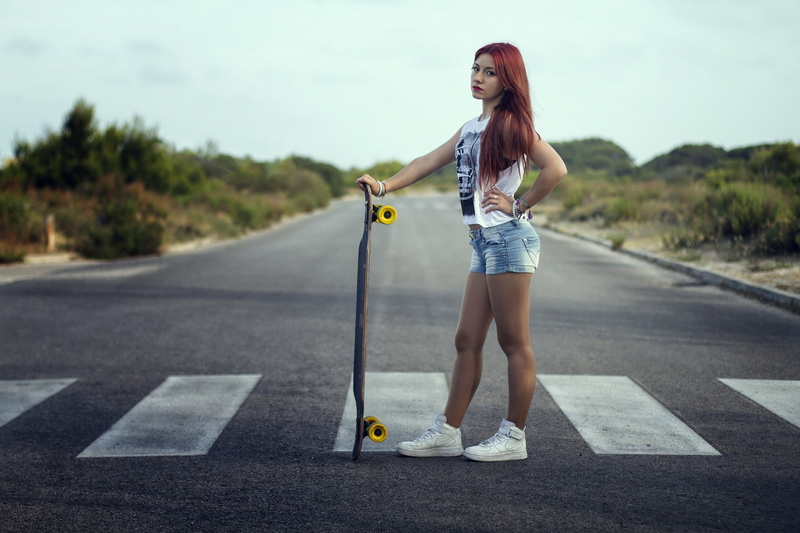 young women, road, redhead, hairstyle, hair, skateboard, long hair, beauty, marking, shorts, adult, 1080P, women, casual clothing, road marking, outdoors