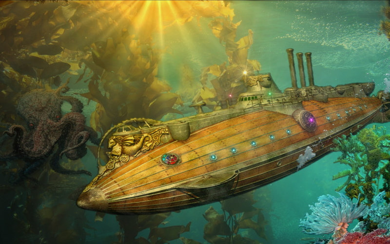 art, underwater, ocean, vehicles, fantasy, sci, fi, Steampunk, punk, submarine, 720P