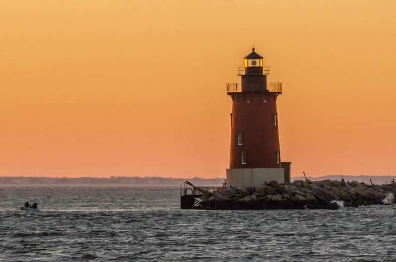 sunset, sky, breakwater east end, lighthouse, dusk, sea, security, delaware, nautical, rocky, bay, historic, orange color, outdoors, protection, nature