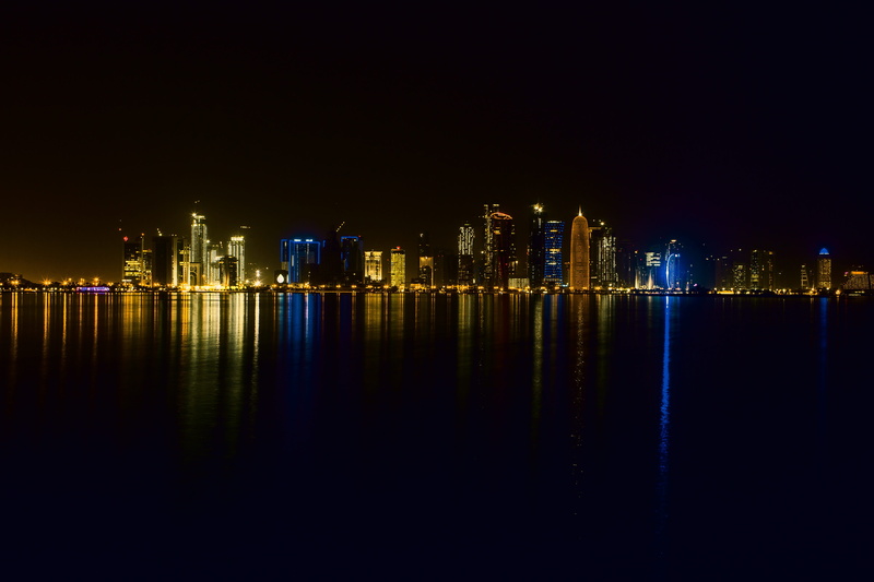 dark, sky, light, no people, buildings, outdoors, city, blue, skyscraper, cityscape, modern, water, residential district, travel, nature, urban Skyline