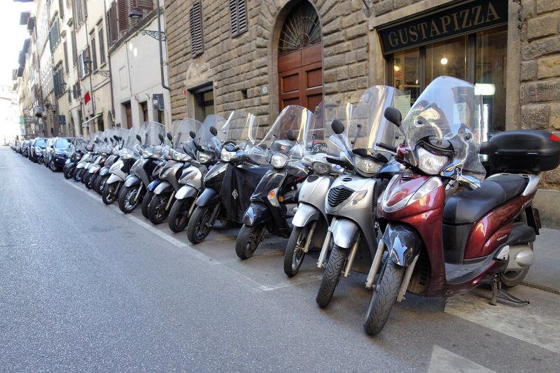 no people, transportation, italy, city, built structure, outdoors, parking, 5K, day, motor scooter, florence, road, scooter, building exterior, bikes