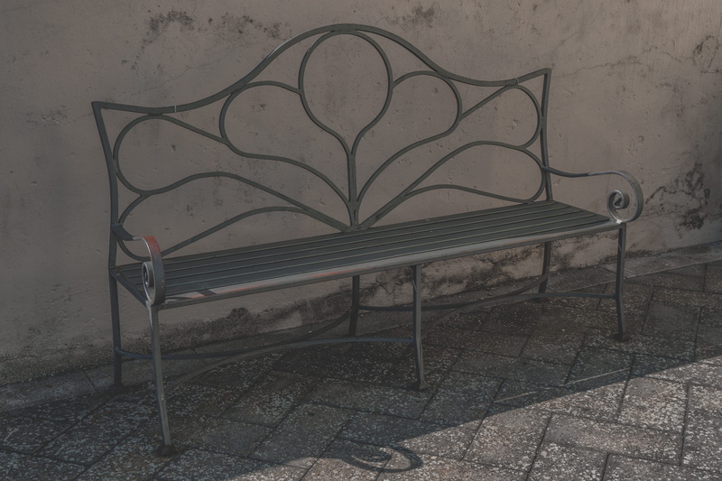 sidewalk, bench, outdoors, rust, iron, absence, flooring, architecture, built structure, 5K, nature, city, no people, graffiti, paving stone, blighted