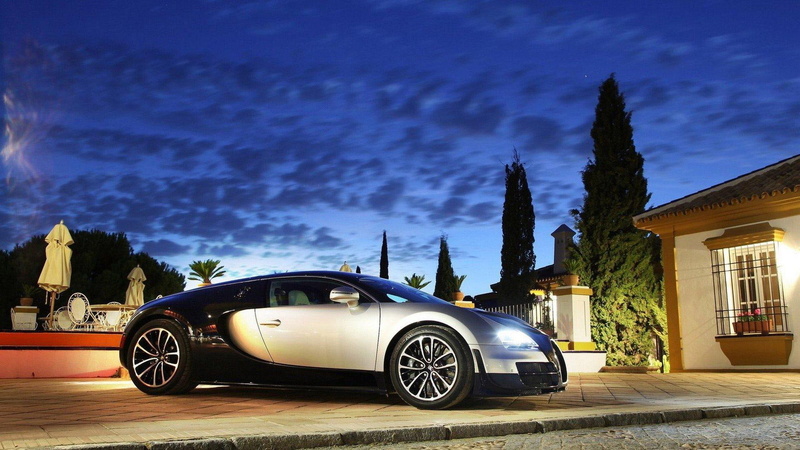 cars, 1080P, super, lights, driveway, bugatti, night, mansion