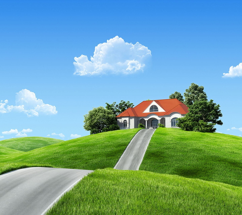 blue, mansion, abstract, suburb, architecture, lawn, nature, landscaped, outdoors, building, building exterior, grass, cloud - sky, sky, front or back yard