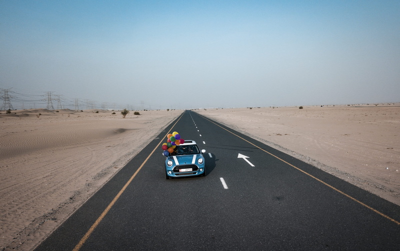 style, the way forward, automotive, drone shot, hurry, driving, travel, white, colorful, asphalt, landscape, automobile, highway, clear sky, Mini Cooper