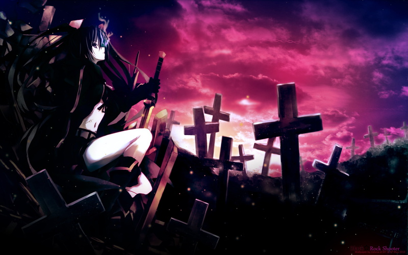 Shooter, art, anime, hd, Black, fireflies, Cemetery, grave, rock, 2K