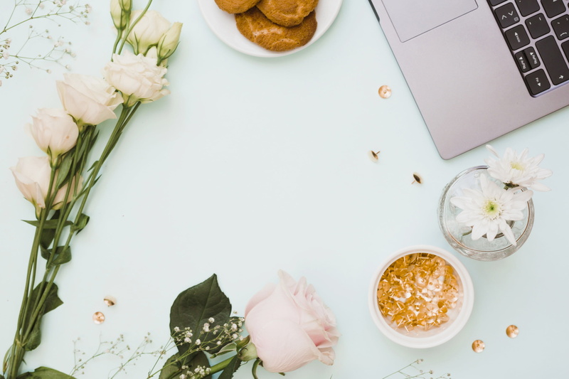 a Cup of coffee, pink, cookies, 2K, eustoma, laptop, coffee cup, button, flowers
