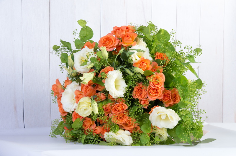 greens, bouquet, roses, 4K, eustoma