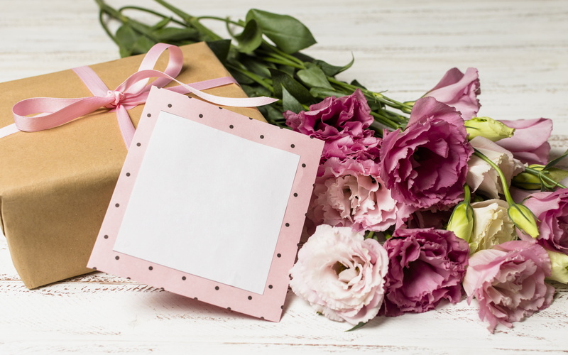 flowers, romantic, gift box, bouquet, wood, pink, gift, 5K, eustoma