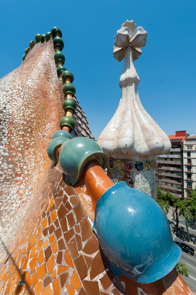 gaudi, barcelona, home batlló, no people, sky, belief, art and craft, spirituality, travel destinations, decoration, roof, turquoise colored, building construction