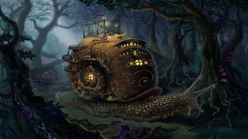 fantasy, 1080P, trees, forest, alexpushkarev, steampunk, illustration, edarneor.deviantart.com, cities, art, brown, landscapes, snail
