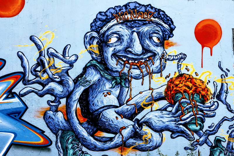 eating, wall, water, ornate, nature, multi colored, blue, colorful, marine, painting, abstract, art and craft, 4K, close-up, spray, mural, graffiti, paint
