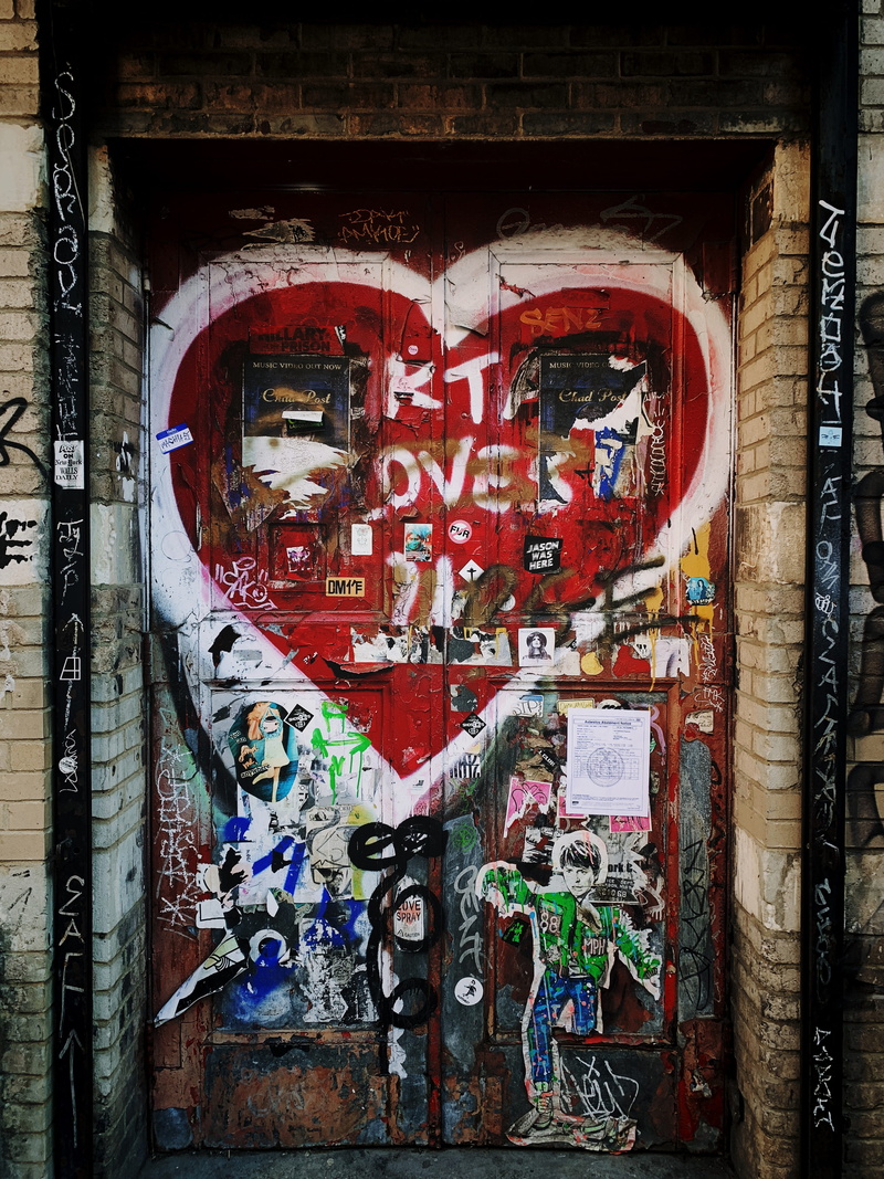 red, building exterior, old, text, representation, new york, no people, wall - building feature, paint, building, heart, art and craft, built structure