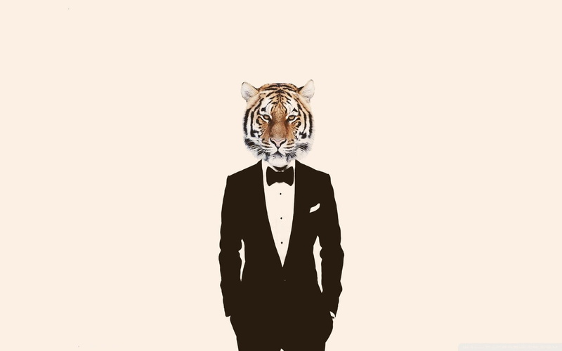 standing, digital composite, tiger, obscured face, one person, mask, tuxedo, 720P, disguise, indoors, representation, three quarter length, front view