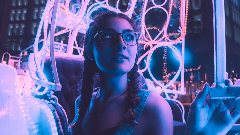 beautiful woman, female, young women, ride, women, woman, inside, wearing, futuristic, blue, framed, looking at camera, dungarees, portrait, indoors, glasses