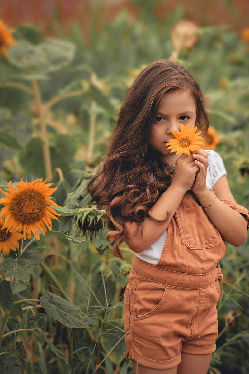 dungaree, outdoors, sunflower, girl, flower head, childhood, young, plant, holding, focus on foreground, front view, 4K, one person, leisure activity