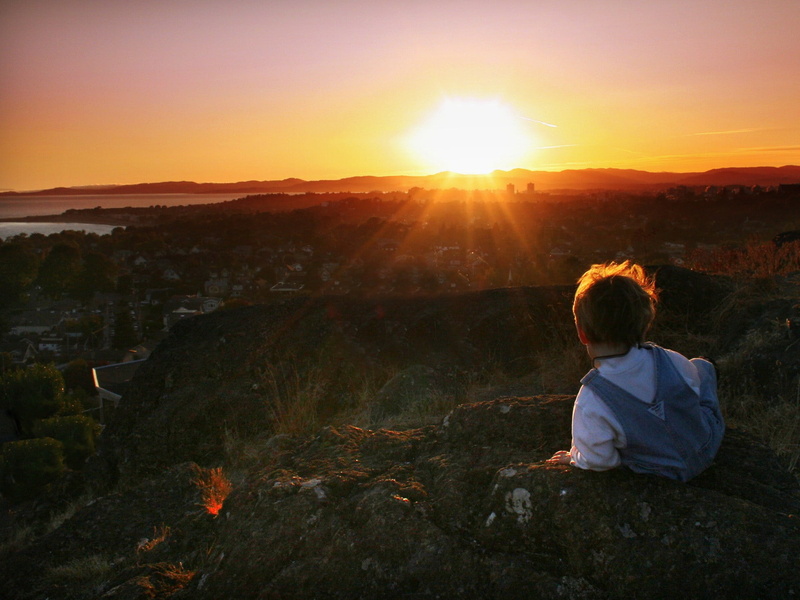 sky, outdoors, hair, land, nature, beauty in nature, boy, one person, s, sitting, lens flare, rear view, hairstyle, leisure activity, casual clothing, Child