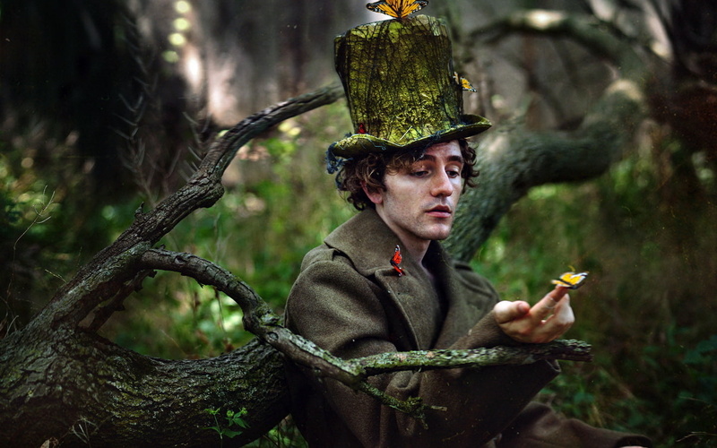butterfly, one person, plant, adult, portrait, Mad Hatter, trunk, 720P, real people, young adult, holding, toppers, clothing, looking, tree trunk, tree