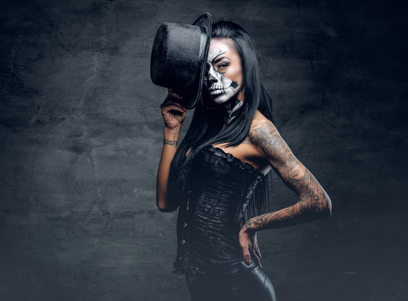 tattoos, hatter, woman, day of the dead, 4K, makeup
