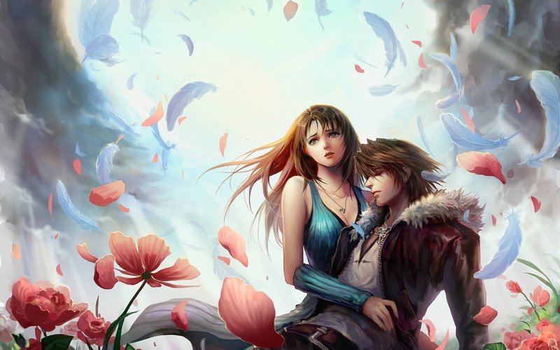 girl, fooltown, rinoa, clouds, leonhart, heartilly, feathers, squall, petals, flowers, final, fantasy, hugs, art, 720P, boy