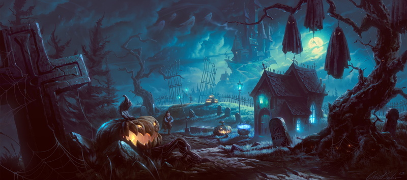 gloomy, pumpkin, Halloween, graves, 2K, night, bats, trees, tree, the moon, art, house, castle, lights, vampire