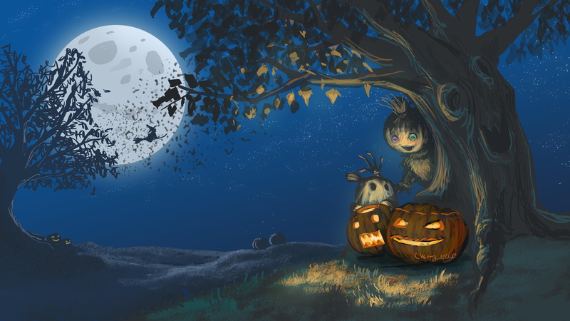 moon, night, jack o lanterns, tree, fantasy art, 4K, darkness, fantasy, halloween, illustration, full moon, jack o lantern, artwork, halloween night, art