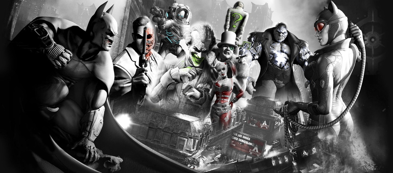 quinn, penguin, batman, two-face, city, video, joker, 3003x1322, video games, two, arkham, harley quinn, harley, the penguin, games, 2K, face