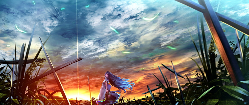 glass - material, sunset, cloud - sky, day, plant, sunlight, anime girls, patriotism, flag, sun, sky, transportation, outdoors, cross, Hinanawi Tenshi