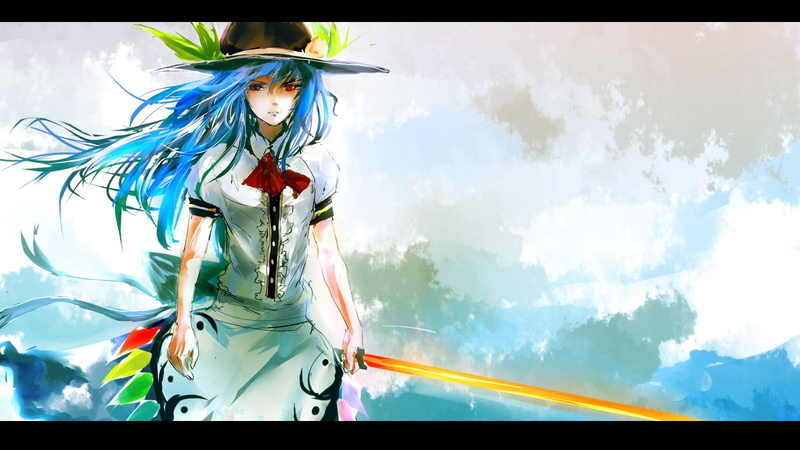 young women, Touhou, young adult, long hair, nature, cloud - sky, auto post production filter, standing, hair, outdoors, Hinanawi Tenshi , lifestyles, anime girls