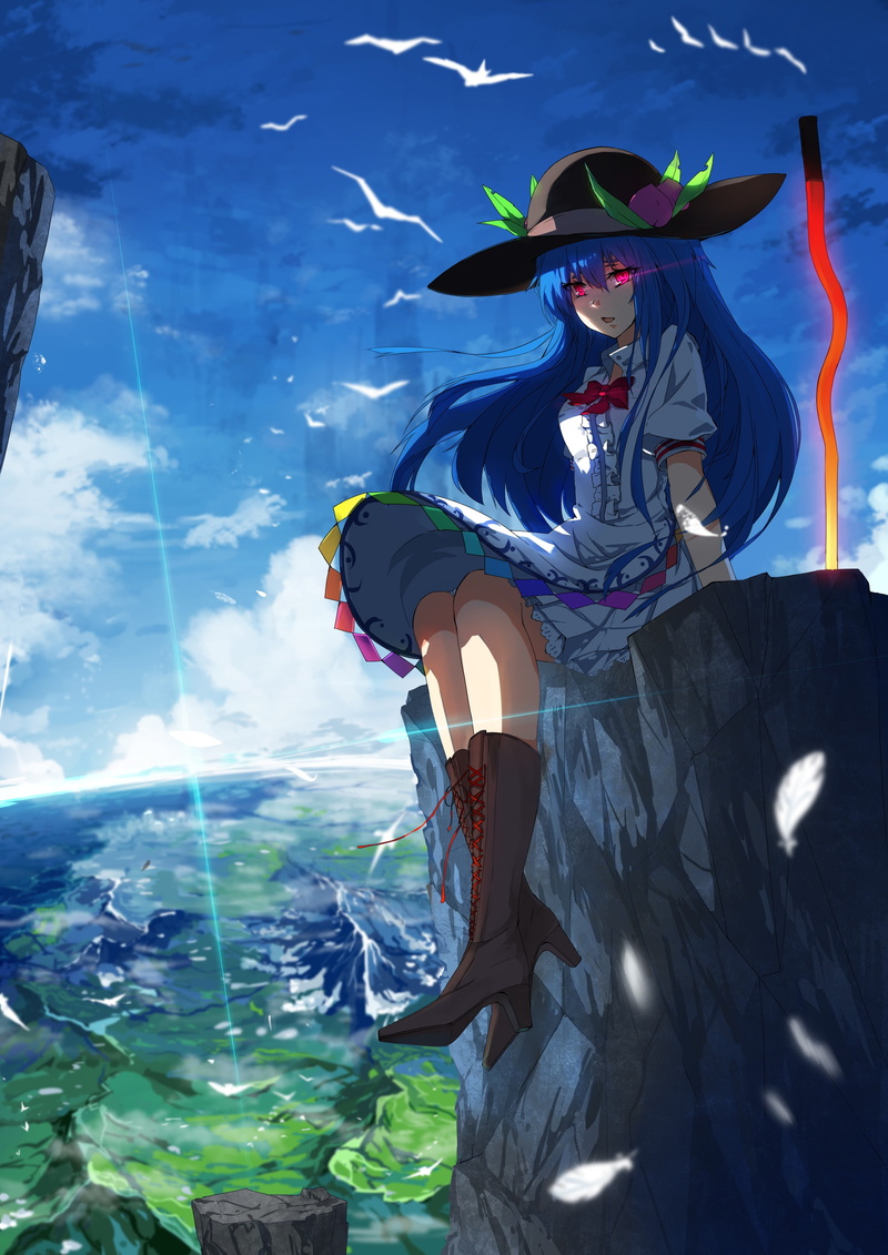 anime, blue hair, Hinanawi Tenshi, hat, 2K, Touhou, red eyes, landscape, anime girls, long hair