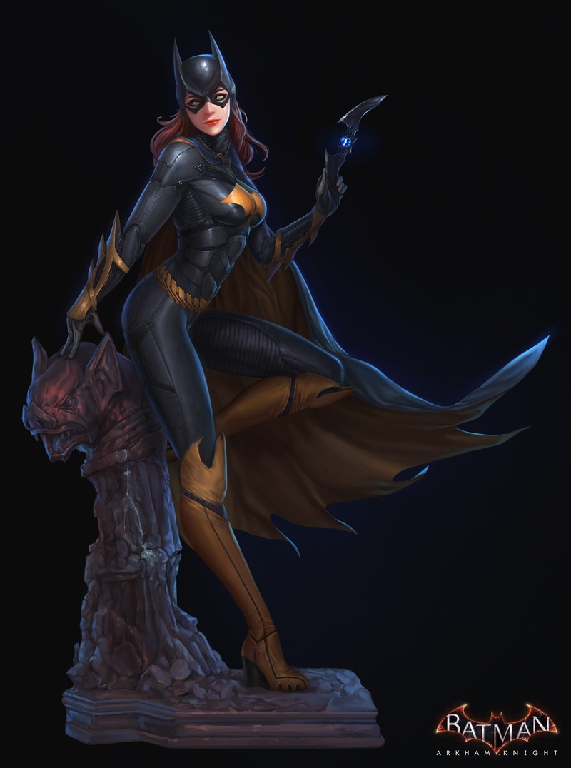 dark, long hair, Batman: Arkham Knight, Batman, statue, Yong Jun Park, 1080P, DC Comics, drawing, mask, high heels, green eyes, bodysuit, women, redhead