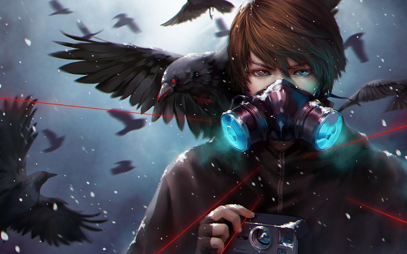animal wildlife, lifestyles, Laser, cold - Temperature, Brown Hair, Glove, color Image, Bird, waist up, illustration, winter, Glow, nature, Gas Mask, Blue Eyes