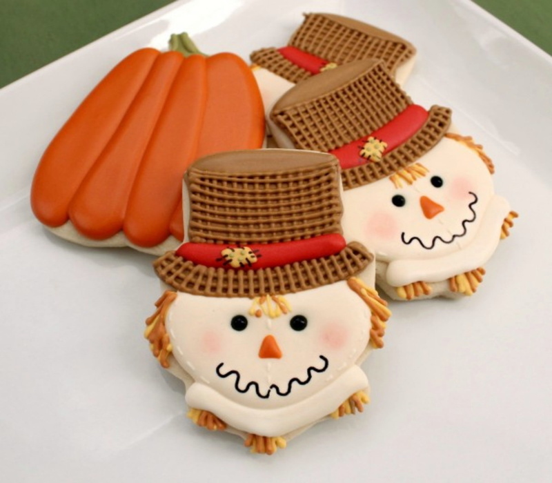 sweet, baked, dessert, Scarecrow And Pumpkins Cookies, Orange, Cookies, close-up, celebration, human representation, face, indoors, no people, studio shot
