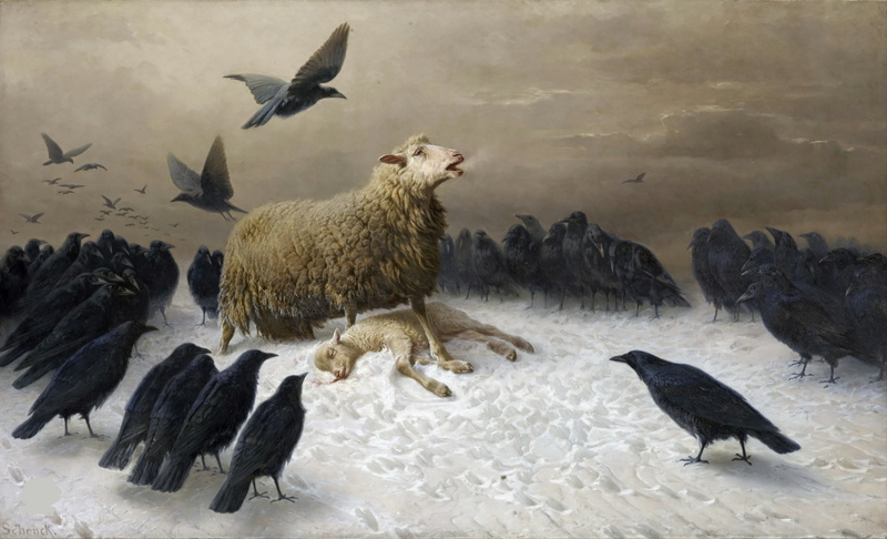death, crows, sheep, August Friedrich Schenck, " Pain", 1080P