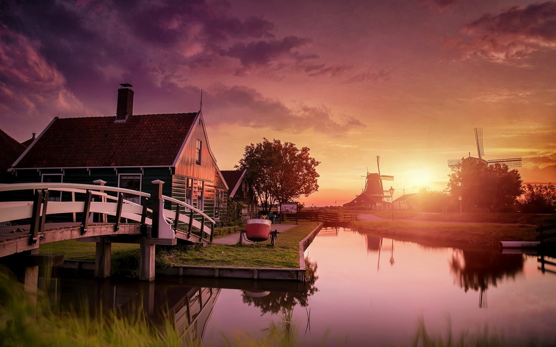 1080P, nature landscape netherlands sunset windmills canal bridge water house clouds zaanse schans
