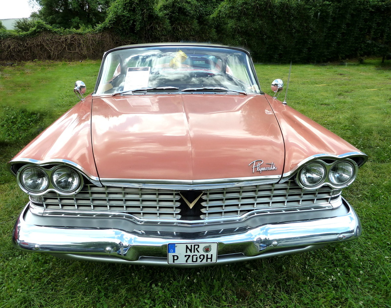 motor vehicle, Oldtimer, Fifties, outdoors, plant, green color, no People, land, mode of Transport, classic, silver colored, headlight, day, vintage Car