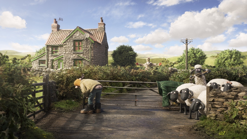 sky, outdoors, domestic animals, rear view, group of animals, mammal, architecture, cloud - sky, livestock, shaun the sheep movie, building exterior, nature