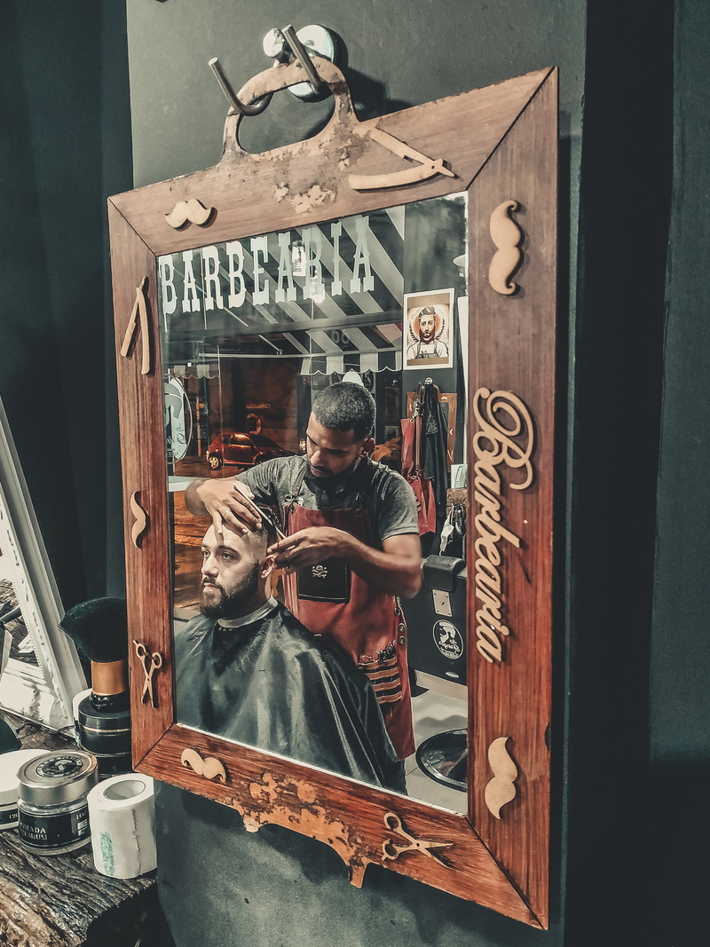 day, reflection, barbershop, business, 2K, small business, young men, indoors, sitting, males, mirror, adult, one person, men, young adult, people, lifestyles