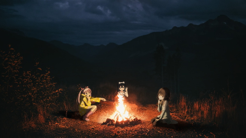 heat - temperature, child, people, leisure activity, girls, bonfire, cloud - sky, fire, night, togetherness, 1080P, anime girls, mountain range, mountains